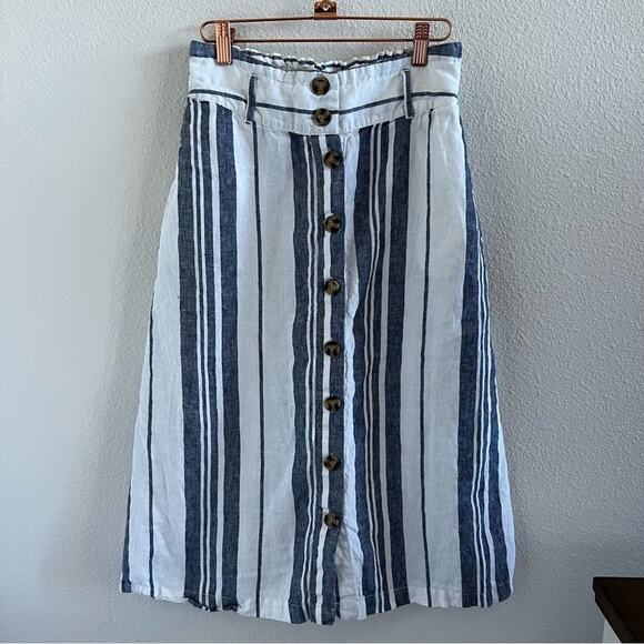 C&C California 100% Linen Midi Striped Blue and White Skirt Small - Picture 1 of 8